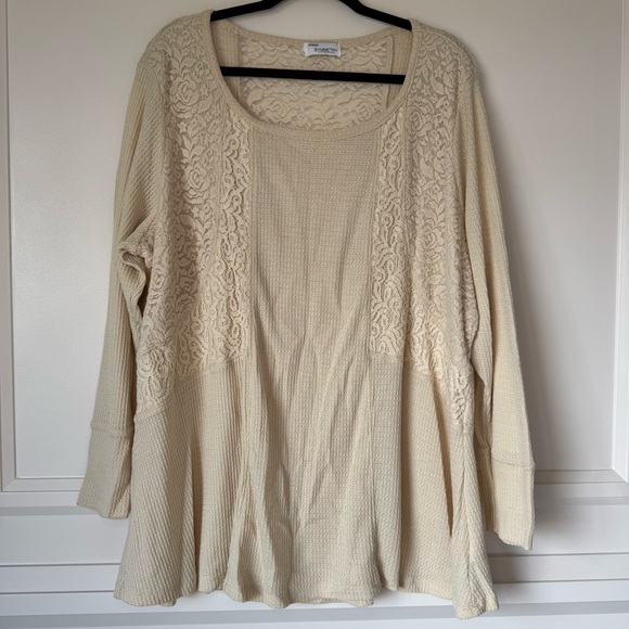 Symmetry Tops - Symmetry womens Scoop Neck Waffle Knit Top size 3X Beige Lace Accent Long Sleeve